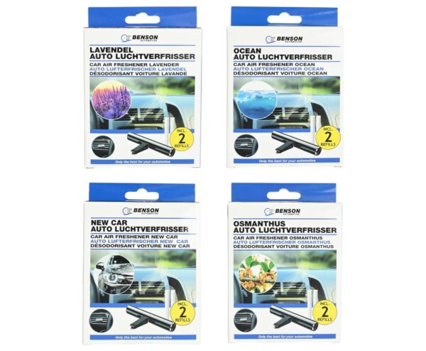 1 Auto luchtverfrisser aluminium met navulling in de geuren: lavendel, new car, osmanthus, ocean