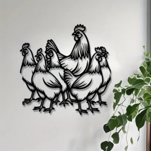 Kippen wanddecoratie van metaal 5 kippen met haan 50 x 46 cm