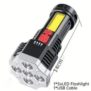LED Zaklamp -1 x Cob zij led en 5 x power LED - USB Oplaadbaar